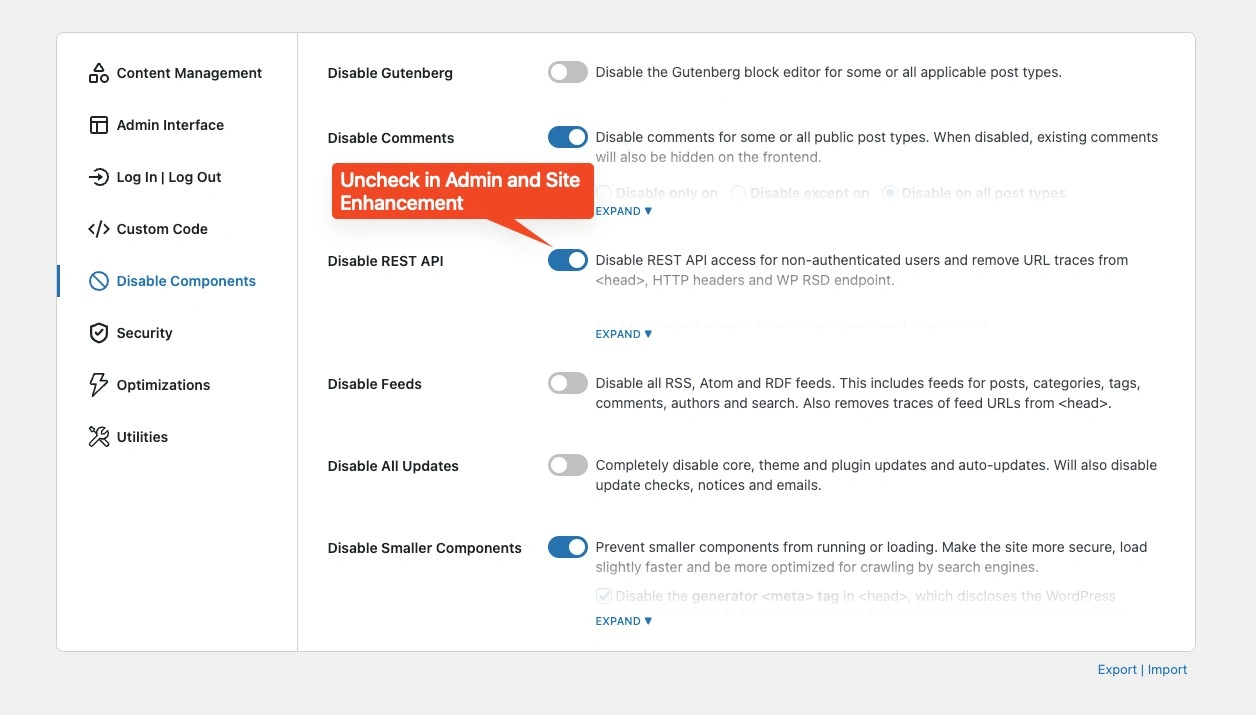 Admin Site Enhancement bricks filter setting removing the REST API